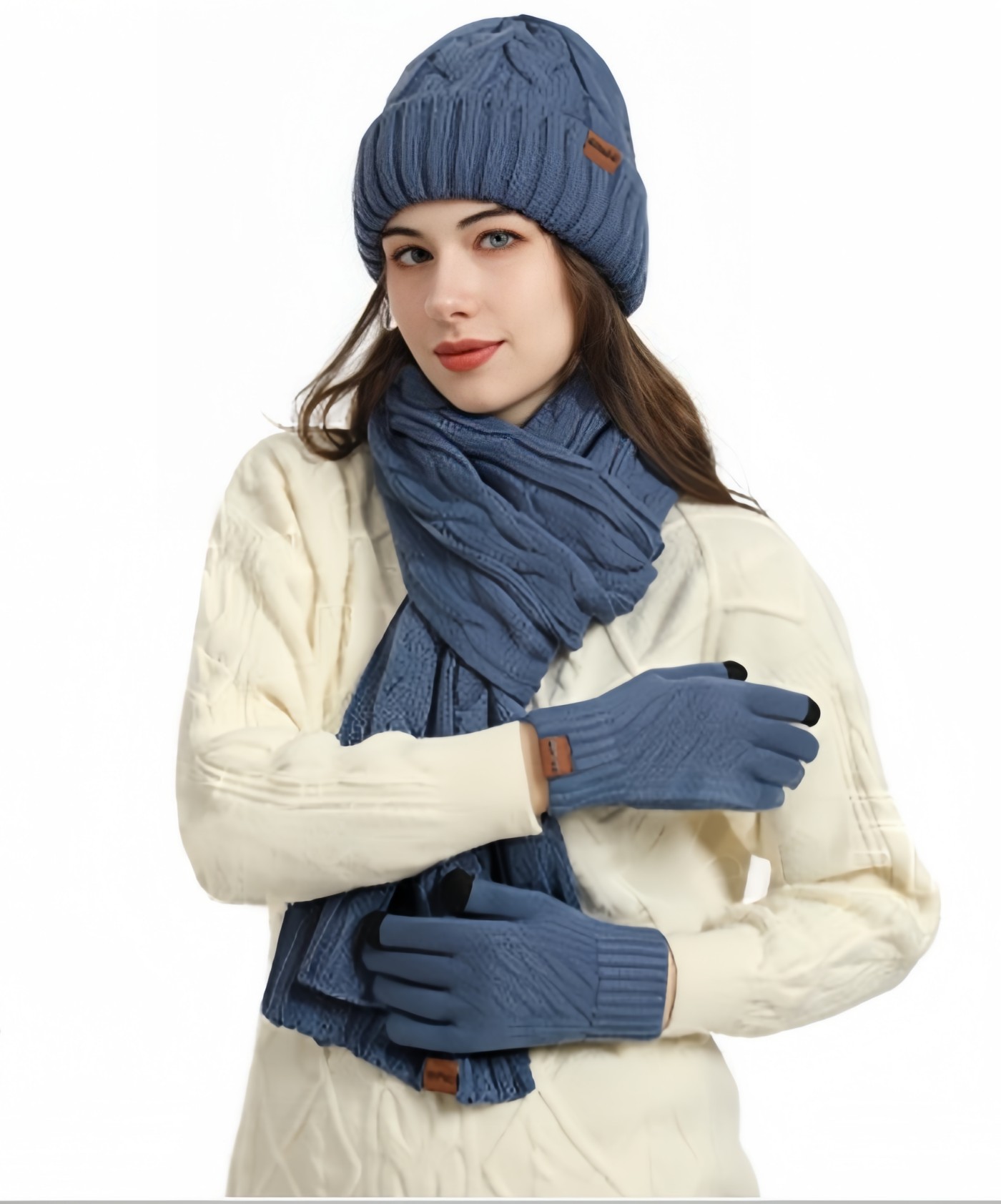 Womens Winter Knit Warm Hat Beanie Long Scarf Touch Screen Gloves Set